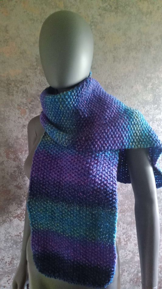 Hand Knit Marble Blue and Purple Blend... Moss Stitch Scarf